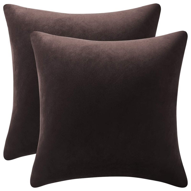 DEZENE Throw Pillow Covers 16x16 Chocolate Brown: Pack of 2 Cozy Soft Velvet Square Modern Luxury Decorative Throw Pillow Cases for Sofa Couch Living Room Bed Home Decor - Image 1